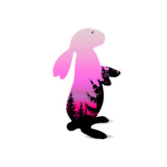 Silhouette of hare with coniferous forest on the background of pink (violet) sky. Evening.