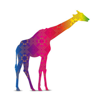 Silhouette of giraffe with retro ornament background. Indian style.