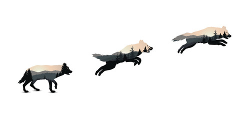 Silhouette of jumping wolf with mountain landscape. Dusk tones.