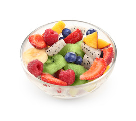 Bowl with delicious fruit salad on white background