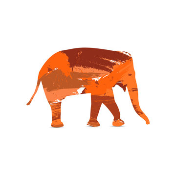  Silhouette of elephant with splash art background. Orange and brown tones.