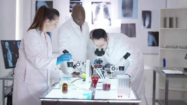 Happy medical research team make a discovery in the lab.