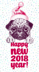 Happy New Year greeting card with vector portrait of dog