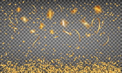 Gold Confetti. Realistic shiny golden confetti isolated on transparent background. Holiday festive decorations