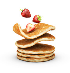 3d Illustration of Stack of pancakes with strawberries isolated white