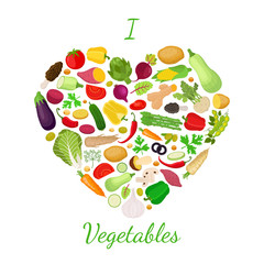 Vegetables set, logo, label with love. Cartoon flat style. Vector