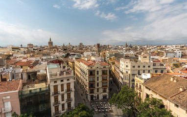Fototapeta na wymiar Panoramic aerial view old town of Valencia, Spain, Micalet, the belfry of the Cathedral, at background