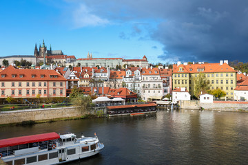 A view of the Prague Castle and the Vltava River embankment from the Charles Bridge. Prague, Czech Republic