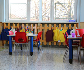 classroom in kindergarten with small chairs and tables