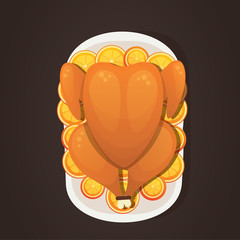 Baked turkey with orange for Thanksgiving Day in cartoon style. outumn food.