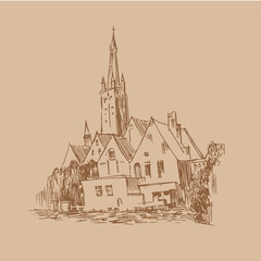 Graphic illustration of an old city. Small town. Picturesque landscapes of Bruges. Graphic sketch of Europe - 178880724