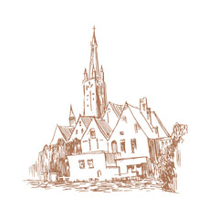 Graphic illustration of an old city. Small town. Picturesque landscapes of Bruges. Graphic sketch of Europe - 178880727