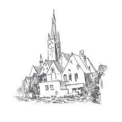 Graphic illustration of an old city. Small town. Picturesque landscapes of Bruges. Graphic sketch of Europe - 178880733