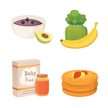 Juices and purees from green apples and broccoli for baby. food for baby cartoon products set.