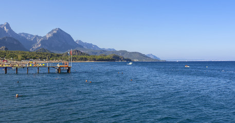 Coast of the Mediterranean Sea with a view on the mountains. Kemer, Turkey