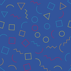 Memphis seamless geometric pattern 80's-90's styles on a blue background with different shapes. Vector repeating texture.