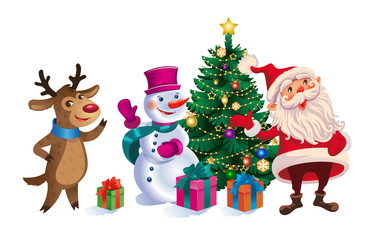 Christmas card with Santa, reindeer and snowman