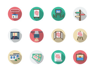 Product showrooms round color vector icons set