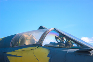 Fototapeta na wymiar Airplane view on cockpit fuselage at the airport.