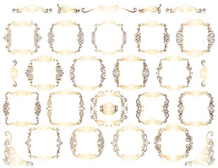 Big set of gold vintage styled calligraphic frames and flourishes, complex and exquisite decoration for invitation or greeting card