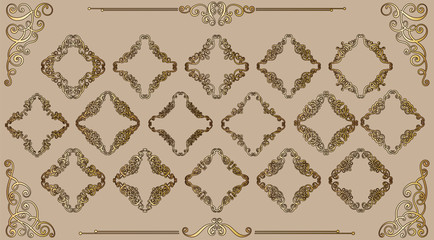 Big set of gold vintage styled calligraphic frames and flourishes, complex and exquisite decoration for invitation or greeting card