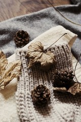 pinecone and leafs on wool winter sweater