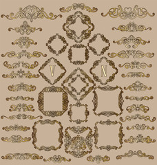 Big set of gold vintage styled calligraphic frames and flourishes, complex and exquisite decoration for invitation or greeting card