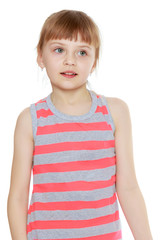 Girl In striped in a T-shirt and shorts.