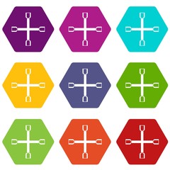 Wheel wrench cross icon set color hexahedron