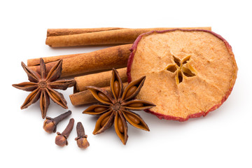 Cloves, anise and cinnamon isolated on white background.