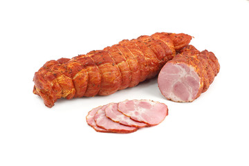 Piece of ham isolated on white background