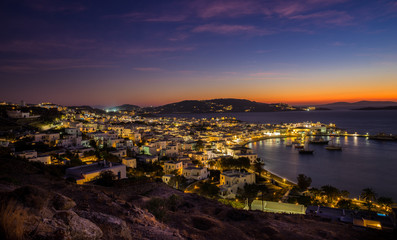 Mykonos island aerial panoramic view at sunset. Mykonos is a island, part of the Cyclades in Greece...