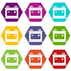 Car battery icon set color hexahedron