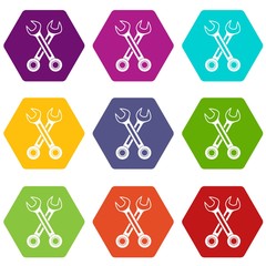 Crossed spanners icon set color hexahedron