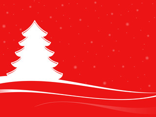 Christmas and New Year landscape. Xmas tree with white snowflakes in a red background.
