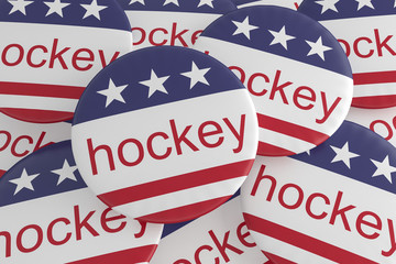 USA Sports Badges: Pile of Hockey Buttons With US Flag, 3d illustration