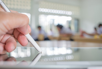 Student testing exercise, exams answer on tablet with by pen stylus clicking, Concept Educational...