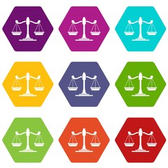 Scales of justice icon set color hexahedron