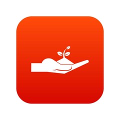 Sprout in the human hand icon digital red