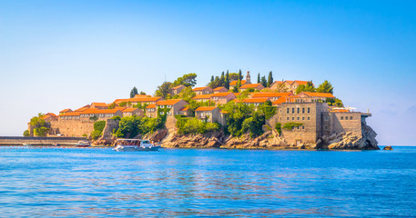  Sveti Stefan, old historical town and resort on the island. Montenegro.