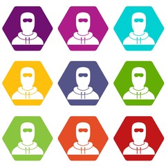 Man in balaclava icon set color hexahedron