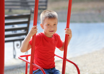 Adorable little boy on swing at playground