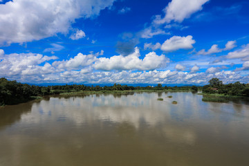River view and dark blue sky, before raining dark blue sky water river lake mountain wildlife Thailand