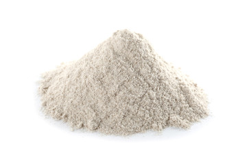 Fototapeta na wymiar Heap of buckwheat flour, isolated on white
