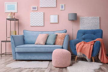 Modern living room interior with blue furniture