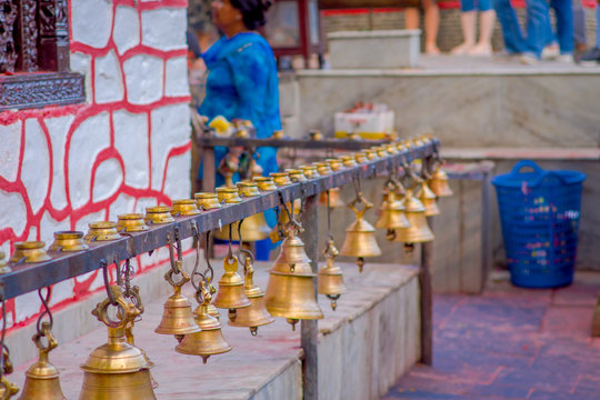Bells of different size hanging in Taal Barahi Mandir temple, Pokhara, Nepal