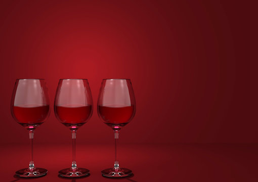 3d rendering. luxury red wine glasses row with copy space dark red background