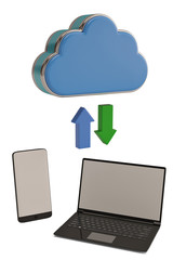 Cloud storage concept clouds symbol and smartphone with laptop on white background.3D illustration.