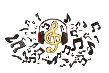 Music notes splash from headphone with music symbol on white background.3D illustration.