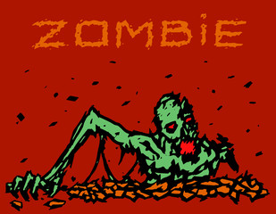 Scary skeleton comes out of the grave. Vector illustration.